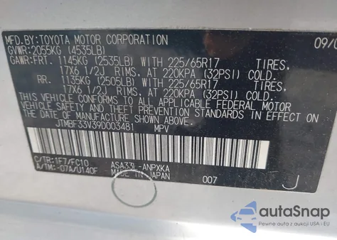 2009 Toyota Rav4 из США, поврежденный, VIN JTMBF33V39D003481